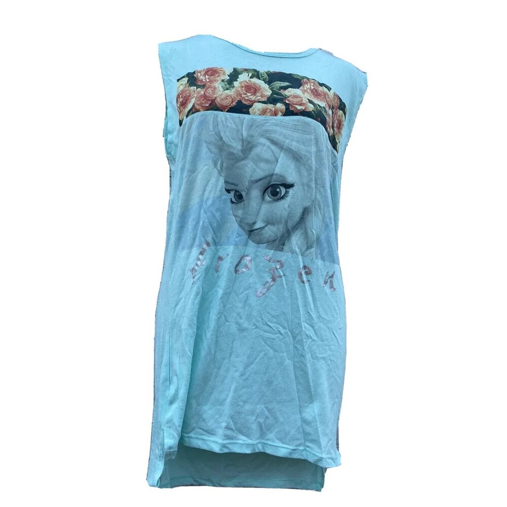 Disney Frozen Elsa Tank Top Womens Size Small Blue Sleeveless Floral Crew Neck